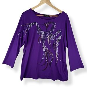 Bob Mackie Sequin Peacock Bird Top Womens Size Medium Purple Wearable Art  NEW